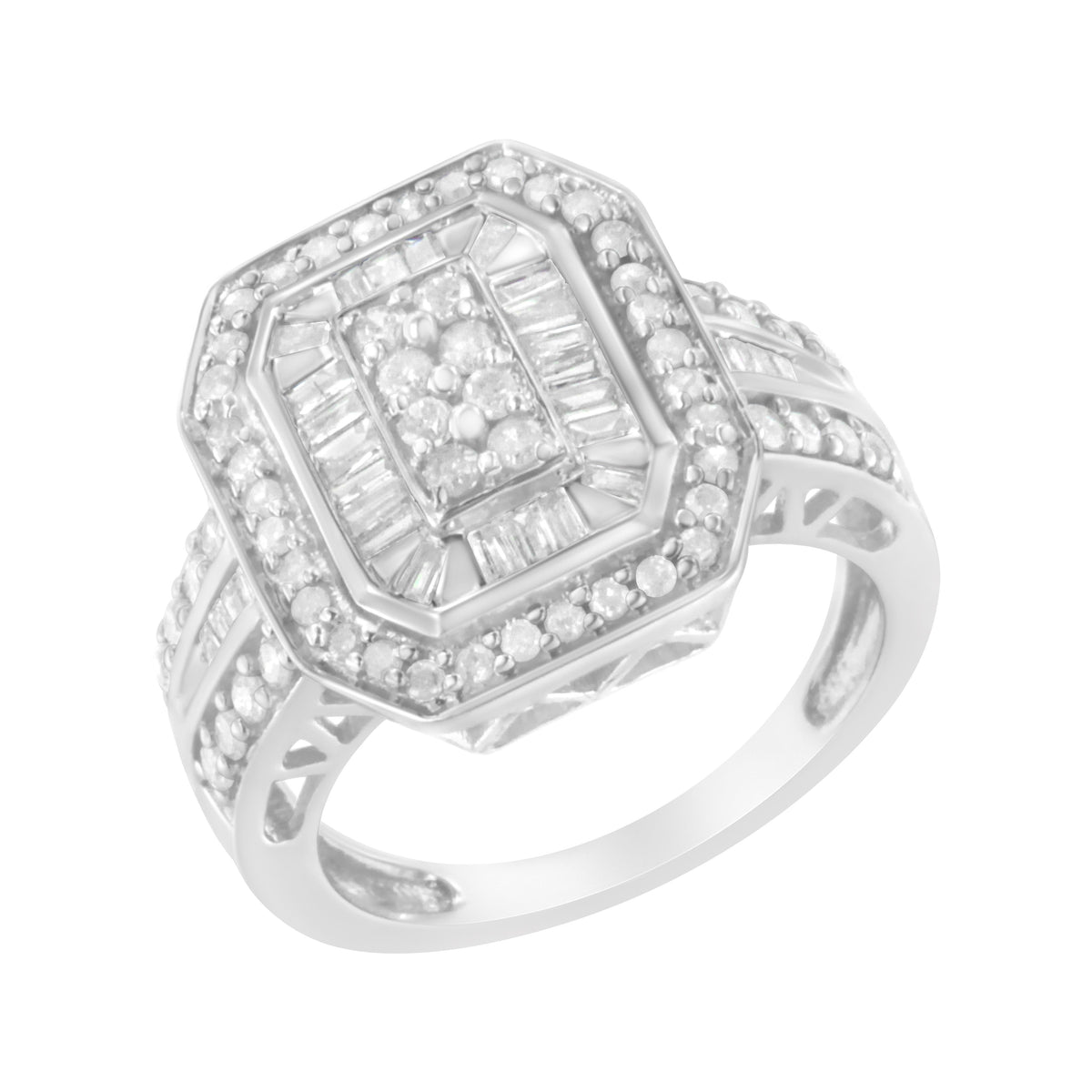Anillo de plata de ley .925 con diamantes redondos y baguette en engaste catedral (0.75 Cttw, color H-I, claridad I2-I3) - Talla 7
