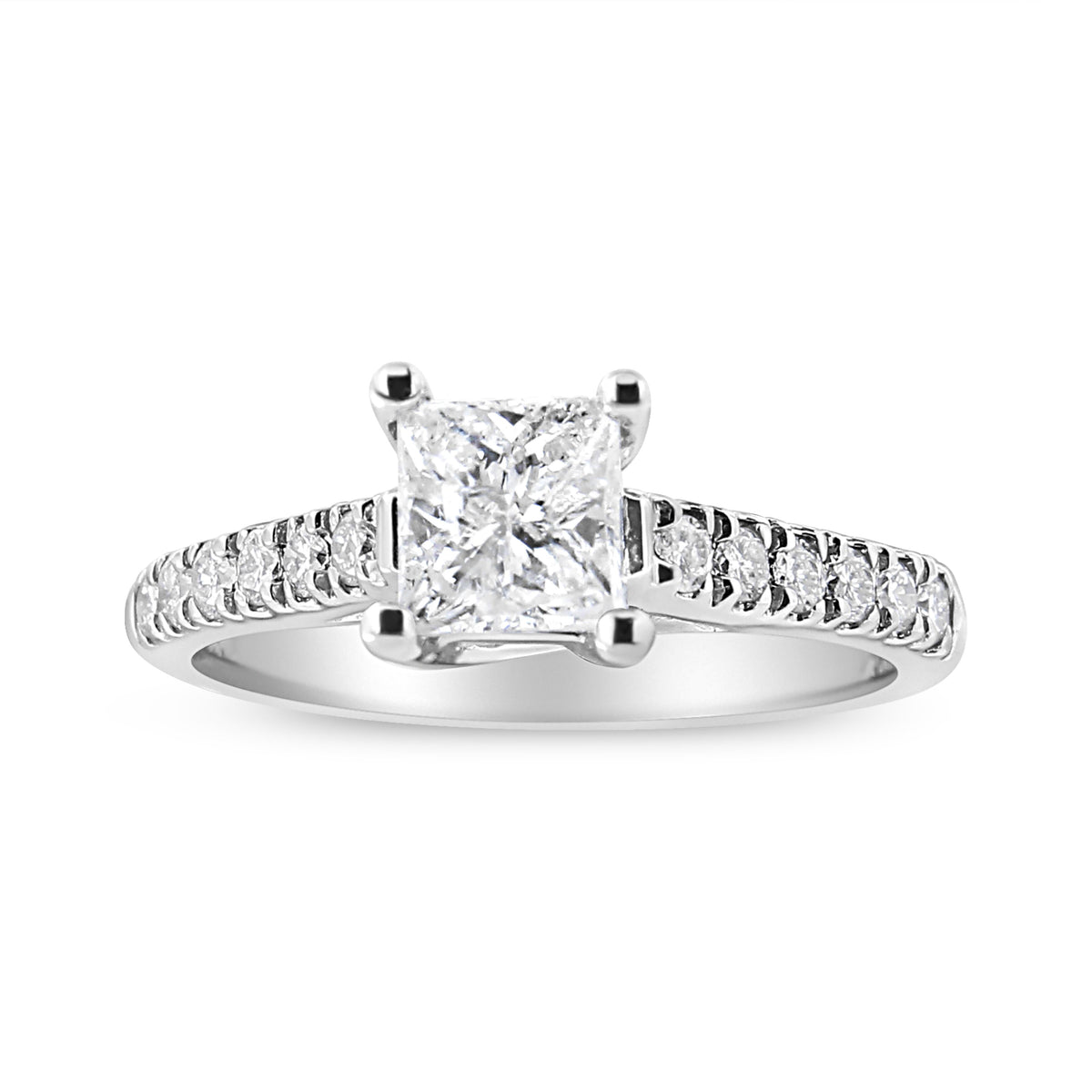 Anillo de compromiso clásico con diamante princesa engastado en 4 puntas de oro blanco de 14 quilates, 1 1/5 quilates (color I1-I2, claridad H-I), talla 7