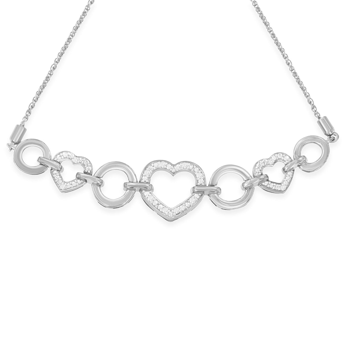 Brazalete de bolo ajustable de plata de ley .925 con eslabones de corazón y diamante redondo de 1/10 Cttw (color H-I, claridad I2-I3) - Ajustable de 6" a 9"