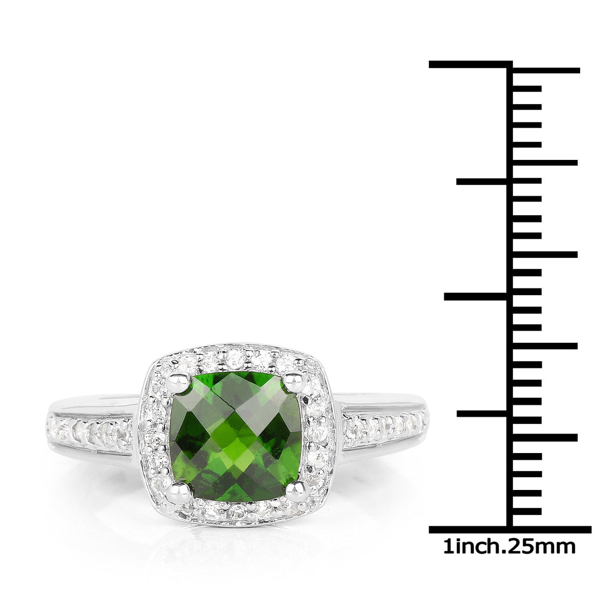 Anillo de plata de ley .925 con diópsido de cromo genuino de 1,67 quilates y topacio blanco