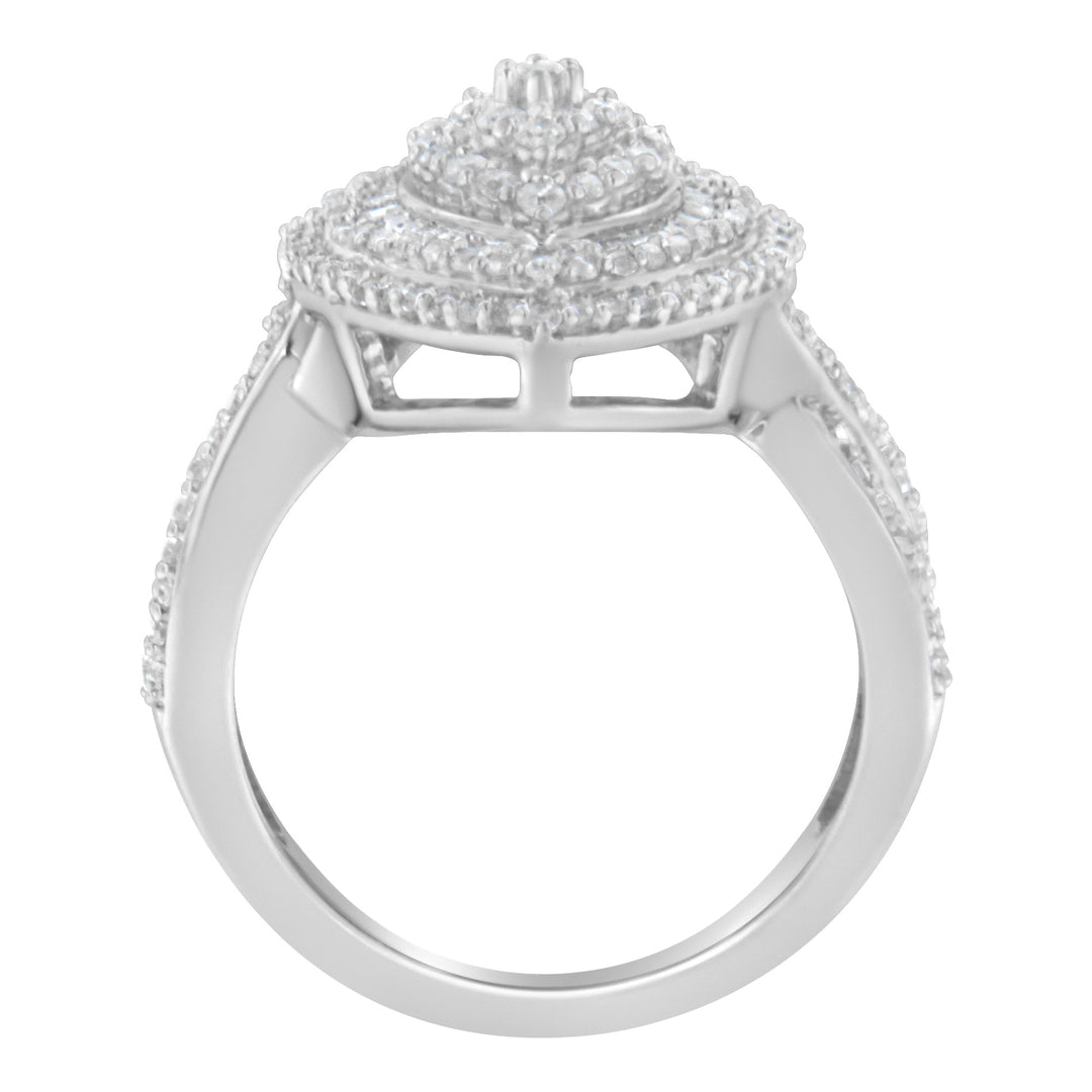 Anillo de cóctel de plata de ley .925 con diamantes redondos y talla baguette de 1.0 Cttw, diseño de racimo en forma de marquesa y triple halo escalonado (Color I-J, Claridad I2-I3) - Talla 7