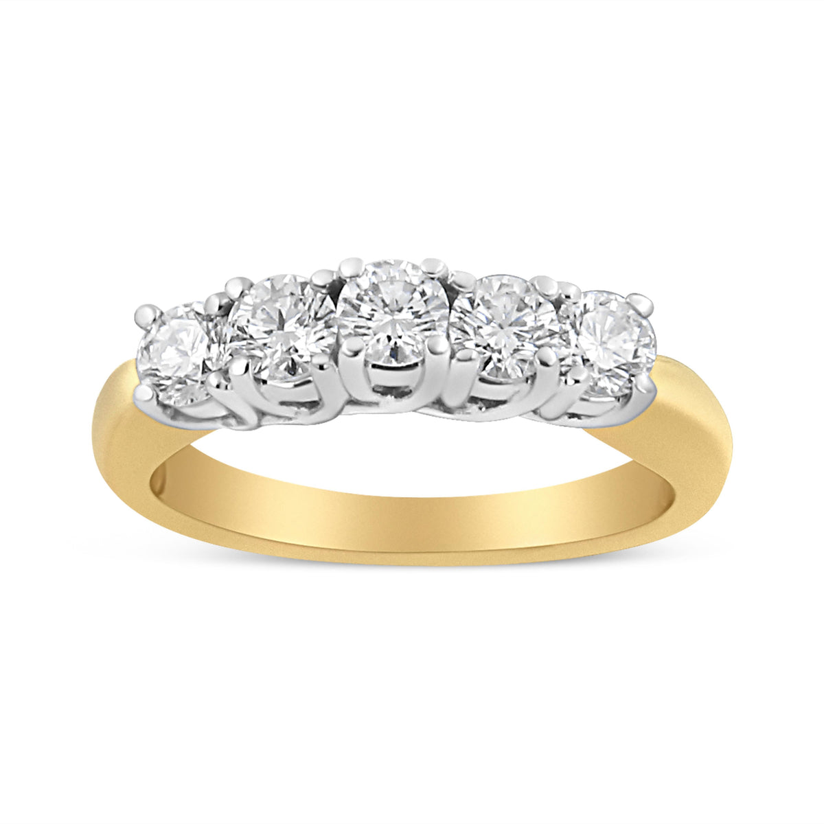 Anillo de banda de 5 piedras con diamante talla redonda de 1,0 quilates engastado con 4 puntas de oro amarillo de 18K (Color F-G, Claridad SI1-SI2) - Talla 6