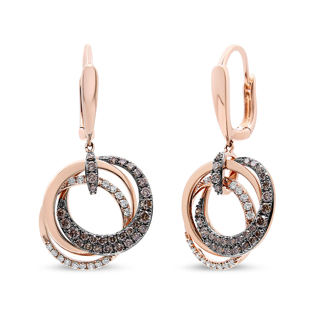 Pendientes de aro y colgantes circulares entrelazados de oro rosa de 14K con diamantes blancos y marrones de 1.00 Cttw (color H-I/marrón, claridad SI1-SI2)