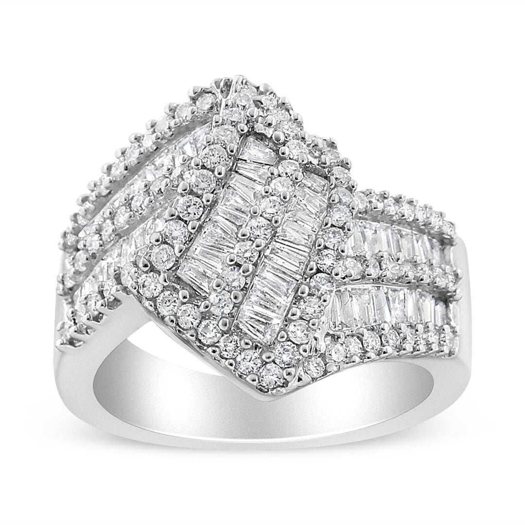 14K White Gold 1-1/2 Cttw Round and Baguette Diamond Bypass Cocktail Ring Band (H-I Color, SI1-SI2 Clarity) - Size 7