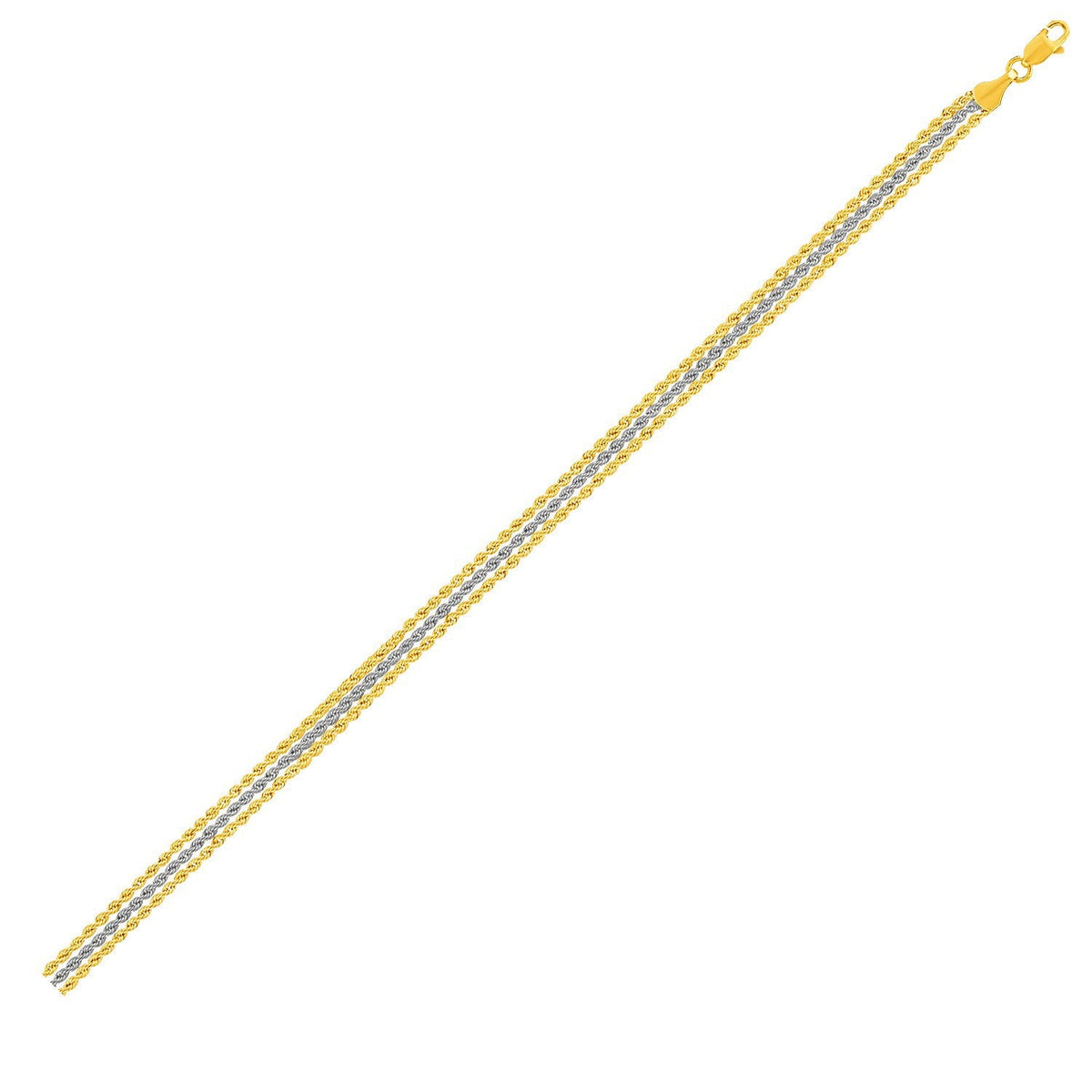 Pulsera de cadena de cuerda de triple hebra en oro de dos tonos de 10k
