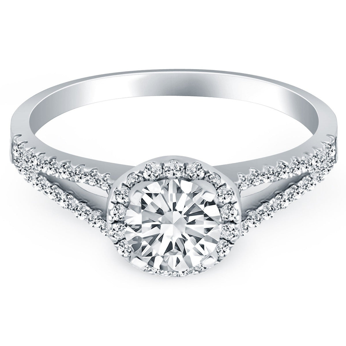 Anillo de compromiso de oro blanco de 14k con halo de diamantes y brazo dividido