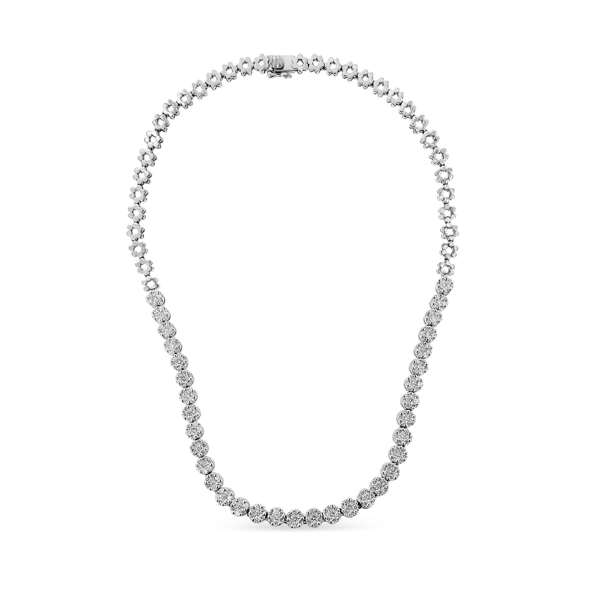 Collar llamativo Riviera Graduado de Oro Blanco de 14K con Diamantes Redondos Engastados en Pavé de 8.0 Cttw Certificado por IGI (Color H-I, Claridad I1)