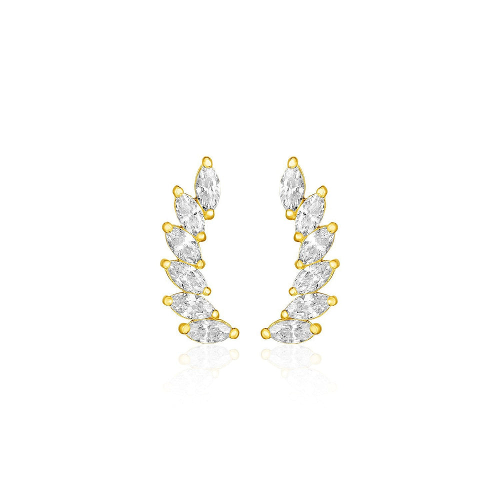 14k Yellow Gold Leaf Motif Climber Post Earrings with Marquise Cubic Zirconias