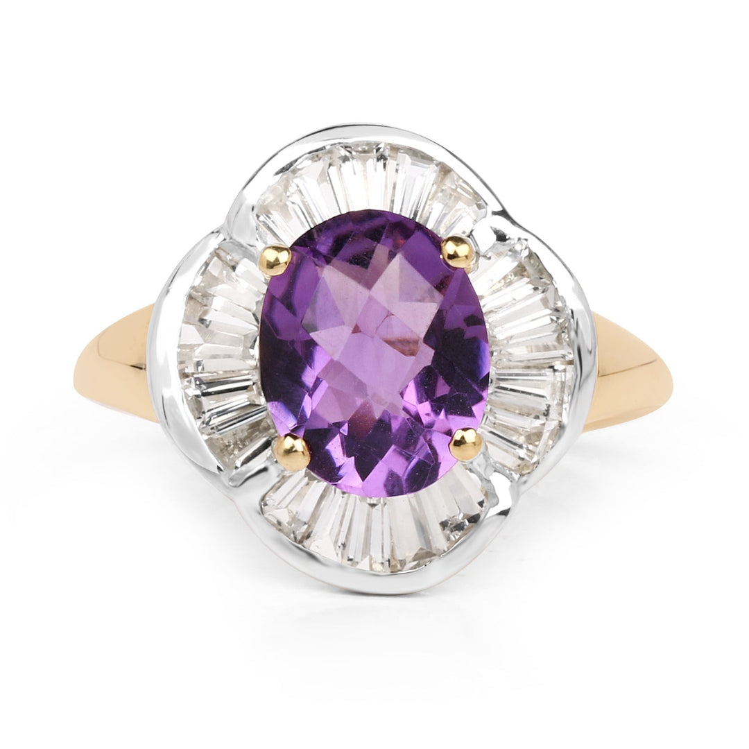 14K Yellow Gold Plated 3.35 Carat Genuine Amethyst & White Topaz .925 Sterling Silver Ring
