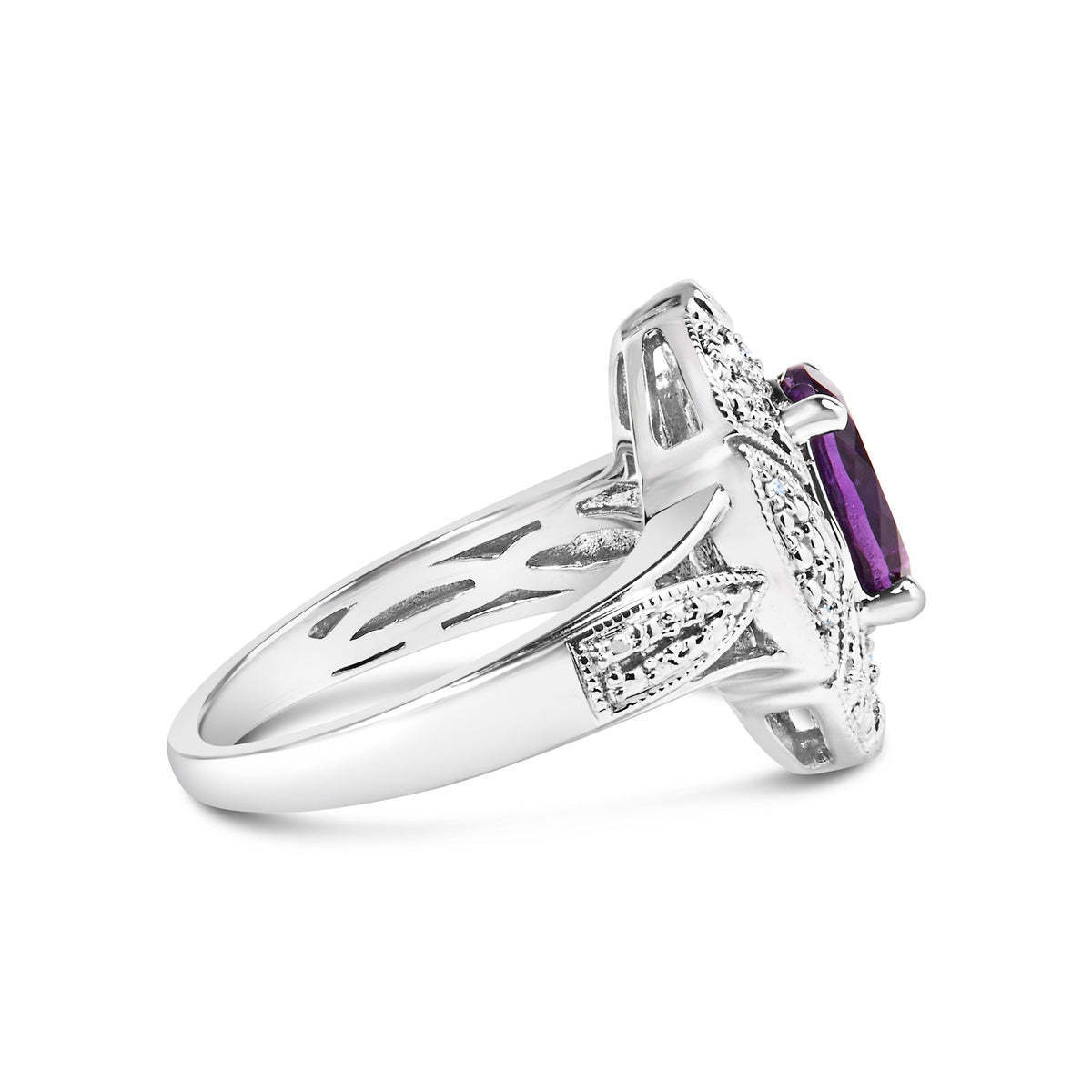 Anillo de cóctel de estilo art déco con amatista morada ovalada de 9x7 mm y detalles de diamantes en plata de ley .925 (color I-J, claridad I1-I2) - Talla 6