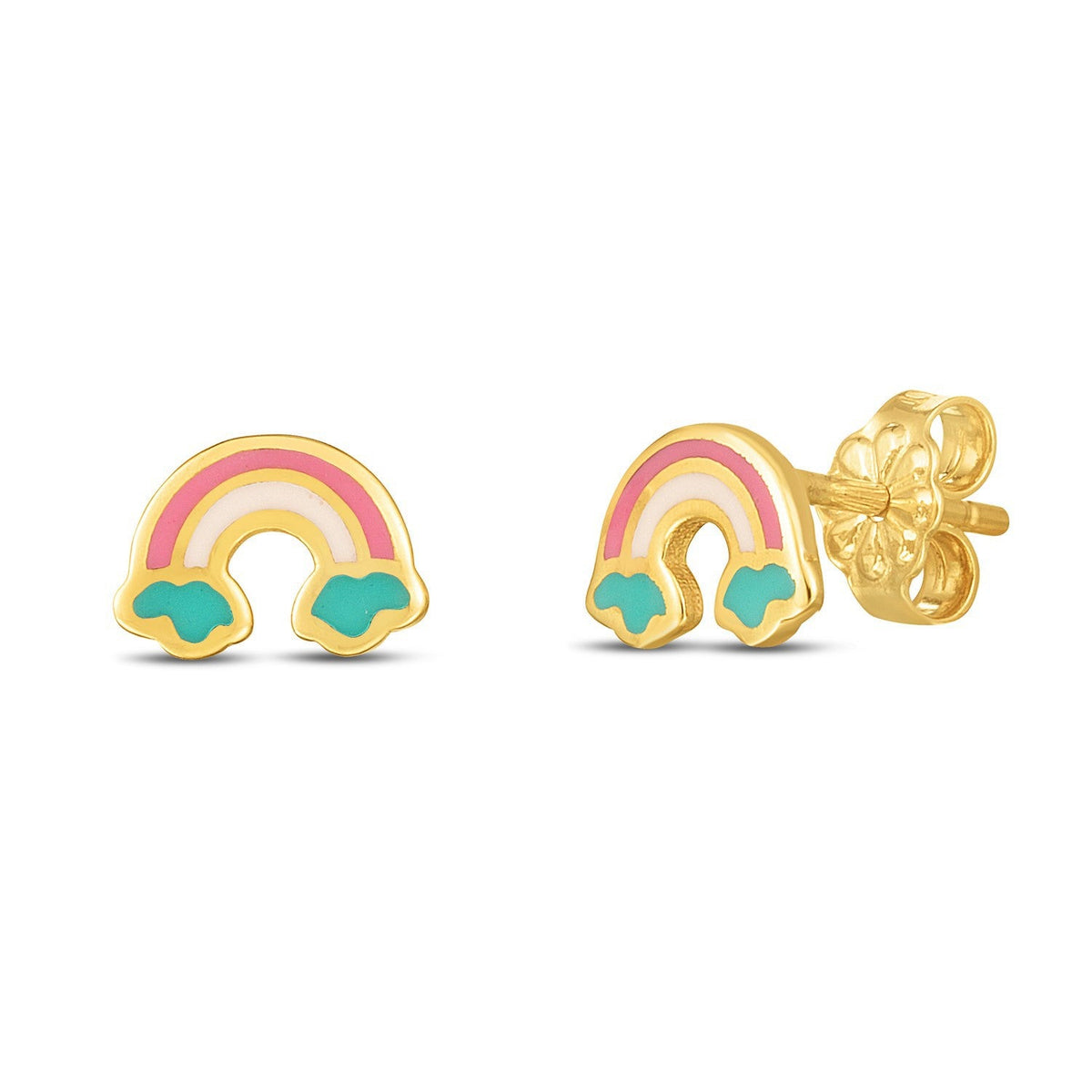 Pendientes de botón de oro amarillo de 14k con diseño de arcoíris