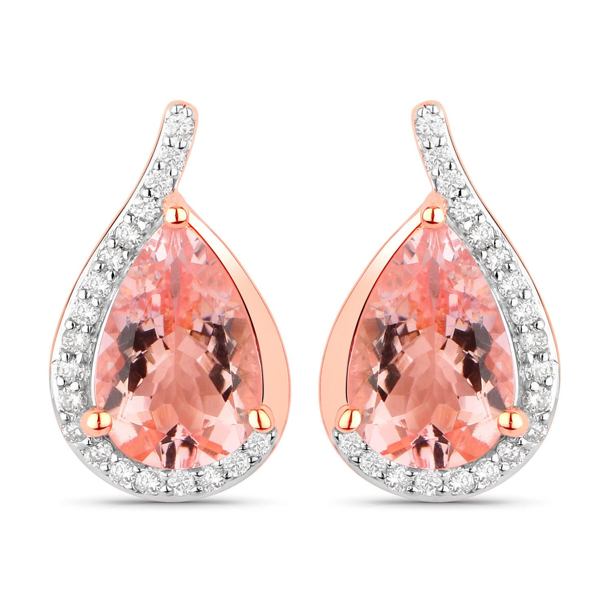 Pendientes de oro rosa de 14 quilates con morganita genuina de 2,43 quilates y diamantes blancos