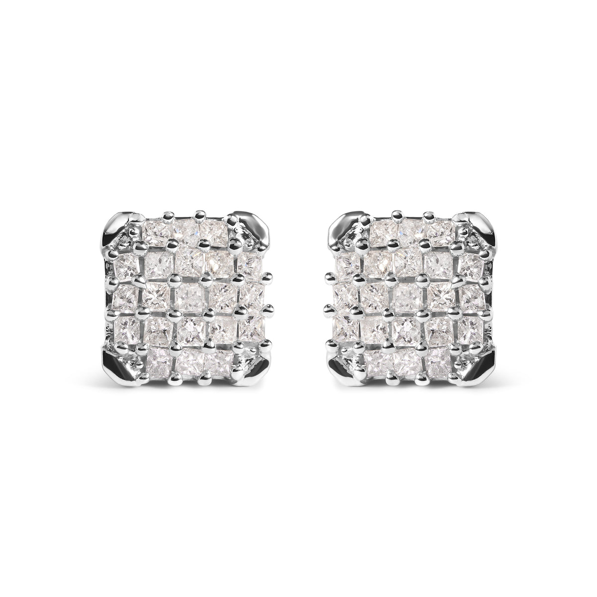 Pendientes de tuerca de oro blanco de 10K con forma de princesa de 3/4 Cttw (Color I-J, Claridad I1-I2)