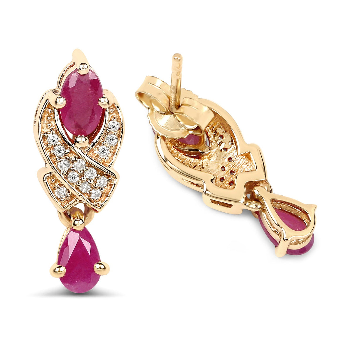 Pendientes de oro amarillo de 14 quilates con rubí genuino de 1,12 quilates y diamantes blancos