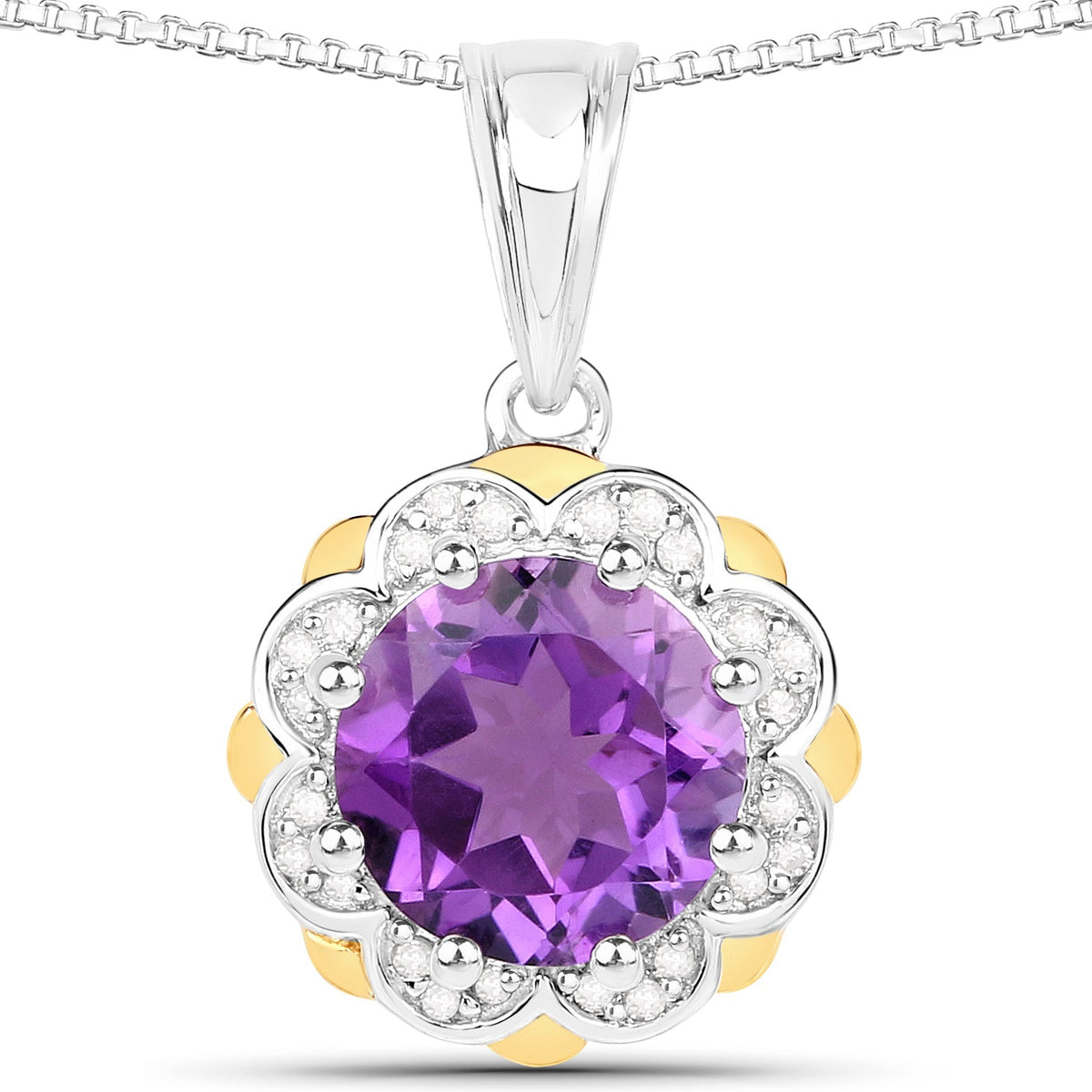 Colgante de 1,87 quilates de amatista genuina y diamantes blancos en oro amarillo de 14K con plata esterlina .925