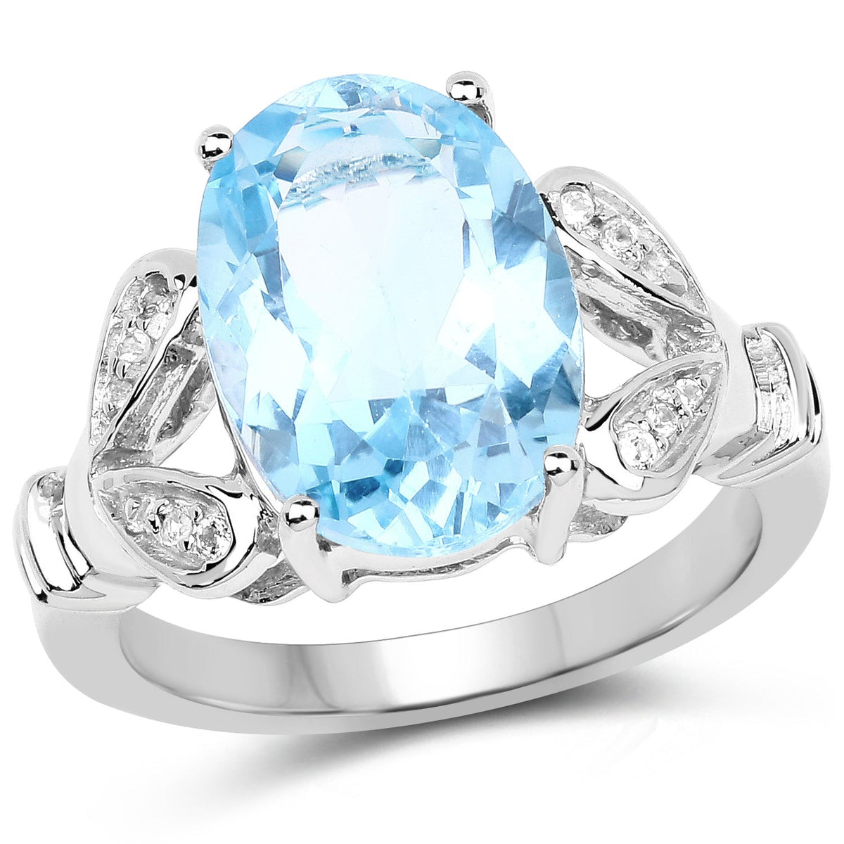 Anillo de plata de ley .925 con topacio azul suizo auténtico de 7,29 quilates y topacio blanco