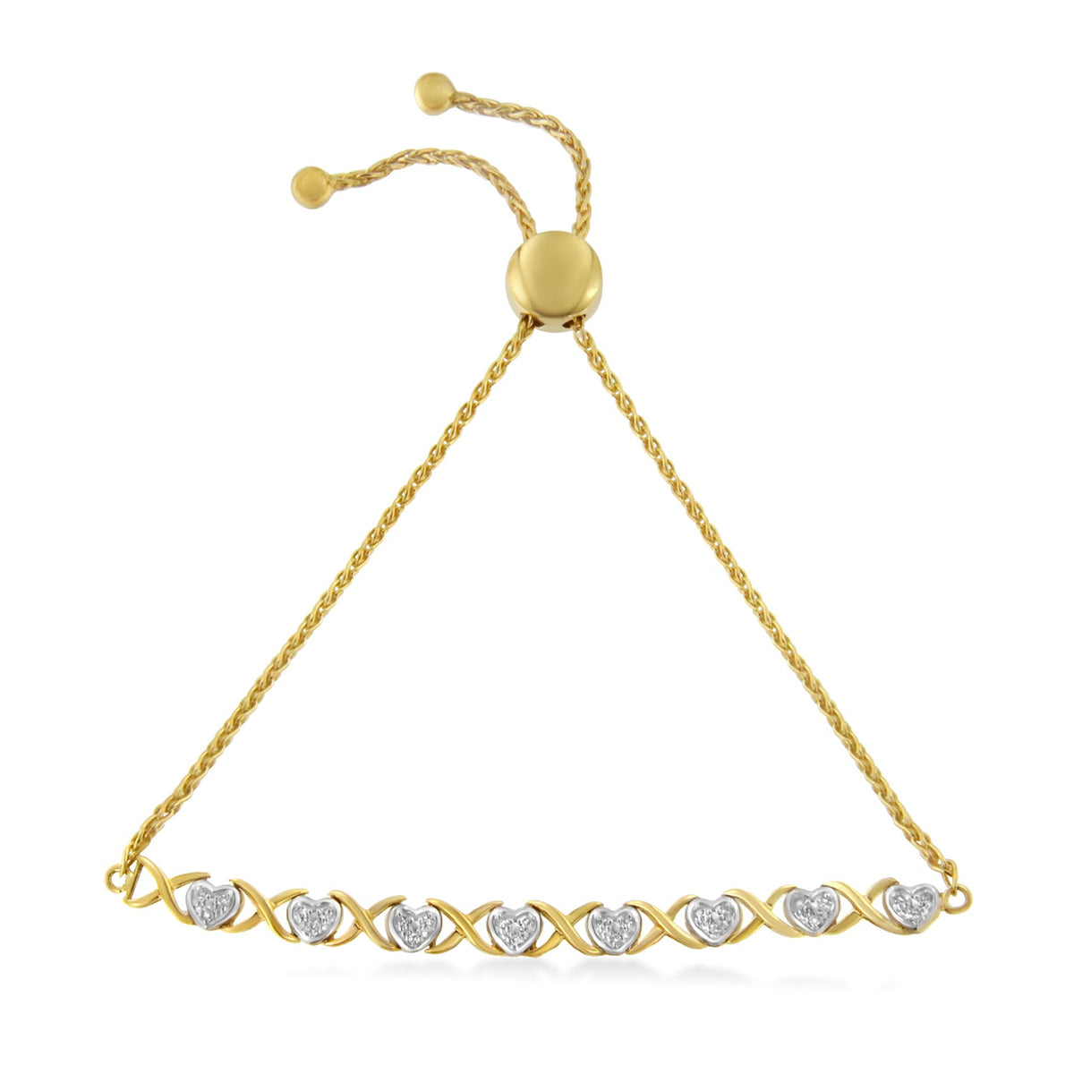 Pulsera tipo bolo ajustable de 6"-9" de oro amarillo de 10K sobre plata de ley .925 con diamante de 1/10 Cttw en forma de corazón y eslabones en X (color H-I, claridad I2-I3)
