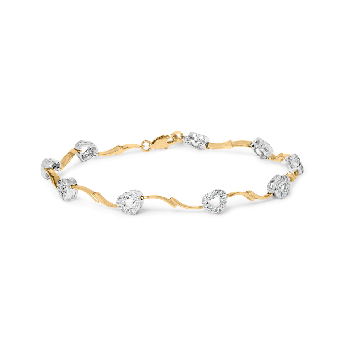 Pulsera de oro de dos tonos de 10k con pavé de diamantes de 1/3 Cttw, diseño de corazón enlazado en S, 7.25" (Color I-J, Claridad I2-I3)