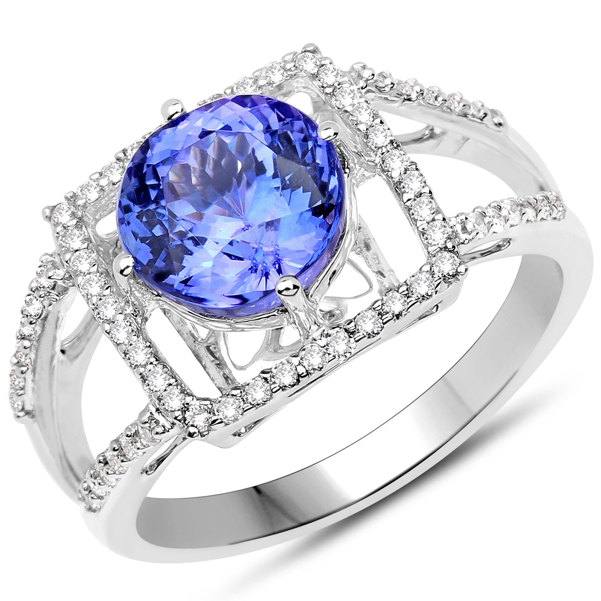 Anillo de oro blanco de 14 quilates con tanzanita auténtica de 3,26 quilates y diamantes blancos
