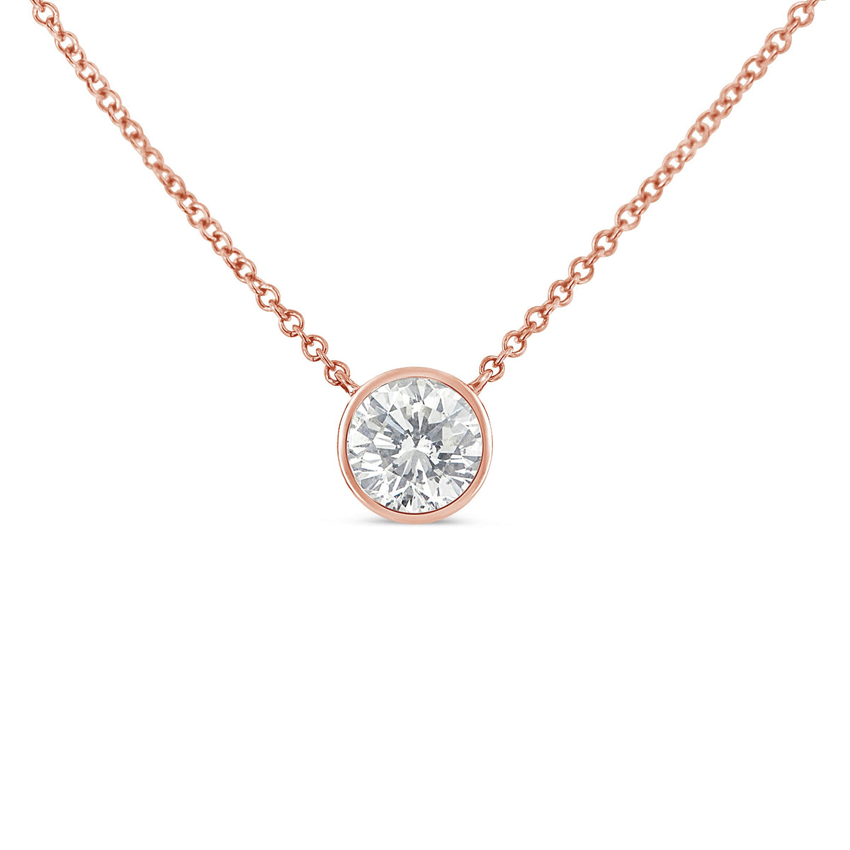 Collar con colgante solitario moderno de oro rosa de 10K con diamante de talla brillante redonda de 1/5 quilate, engaste de bisel, 16"-18" (color H-I, claridad SI2-I1)