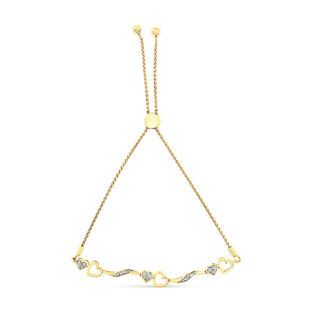 Pulsera de bolo con corazón y onda chapada en oro amarillo de 14 quilates sobre plata de ley .925 con acento de diamante (color I-J, claridad I2-I3) - Ajustable de 6" a 9"