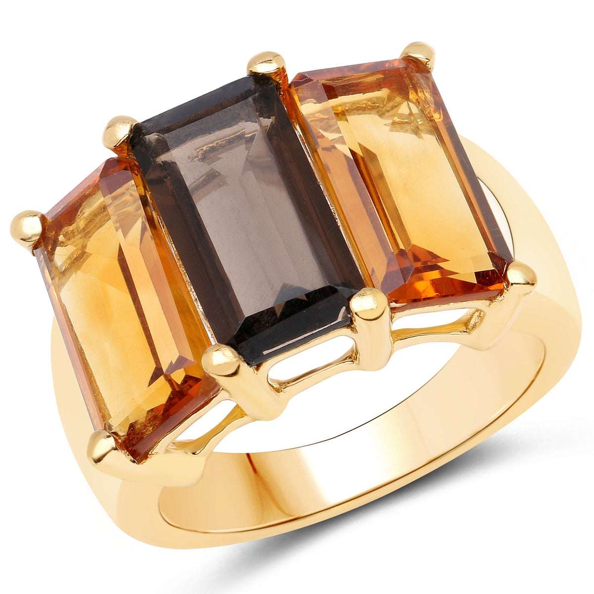 Anillo de plata de ley .925 chapado en oro amarillo de 14 quilates con cuarzo ahumado, citrino y cuarzo champán genuinos de 8,14 quilates