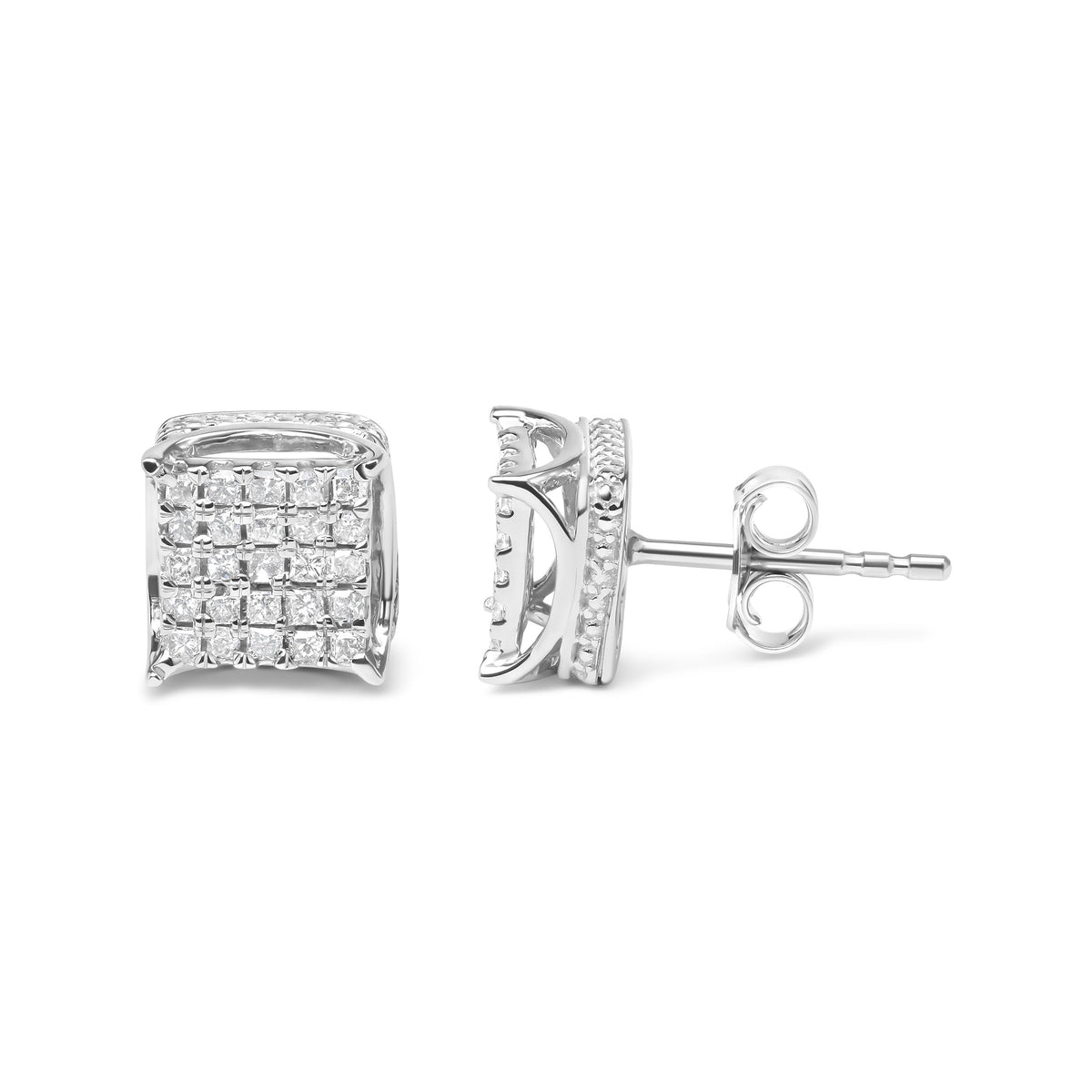 Pendientes de botón con forma cuadrada de oro blanco de 10 quilates y diamantes de talla princesa de 1/2 quilate (Color H-I, Claridad SI1-SI2)