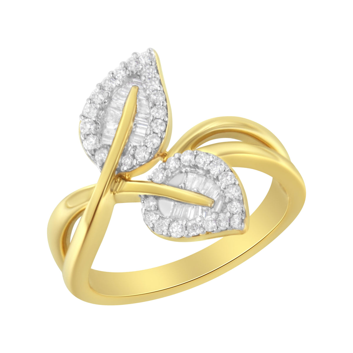 Anillo de cóctel de oro amarillo de 10 qt con diamantes redondos y talla baguette de 3/8 qt en forma de hoja - Talla 7 (color I-J, claridad I1-I2)