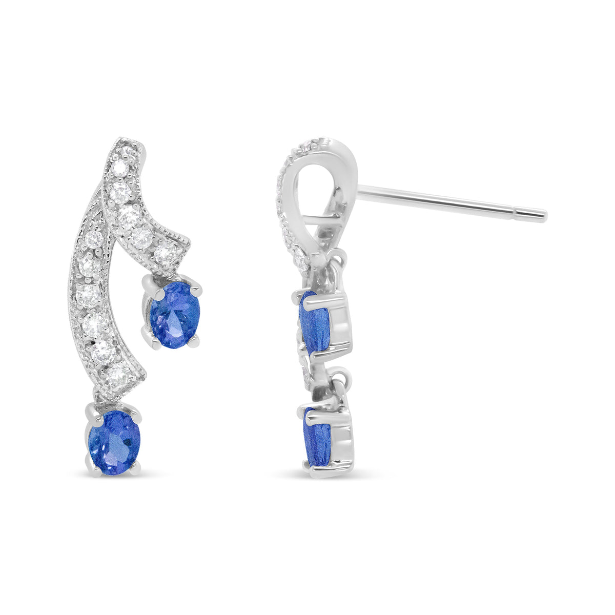 Pendientes de gota de oro blanco de 14 quilates con tanzanita azul natural ovalada de 4x3MM y diamantes de 1/5 Cttw con doble caída de 3/4" (Color H-I, Claridad VS1-VS2)