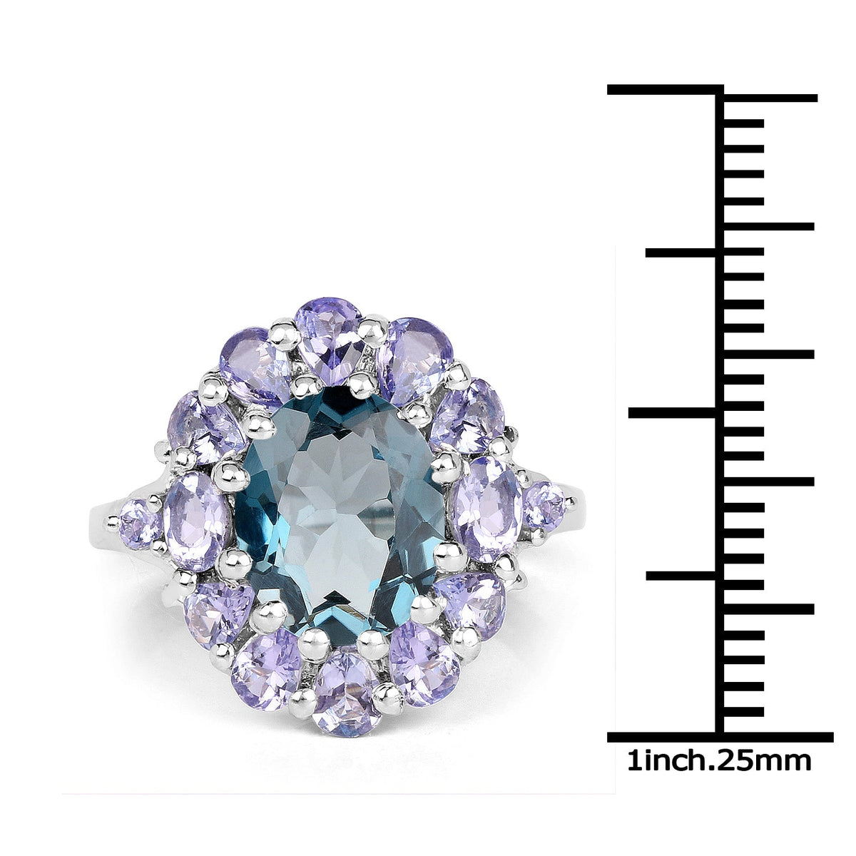 Anillo de plata de ley .925 con topacio azul Londres auténtico de 5.41 quilates y tanzanita