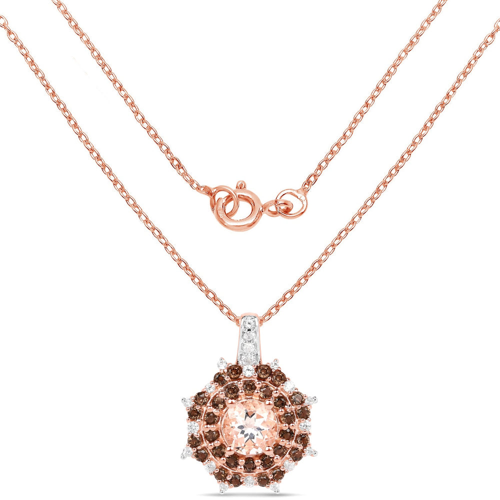 18K Rose Gold Plated 1.61 Carat Genuine Morganite, Smoky Quartz and White Zircon .925 Sterling Silver Pendant