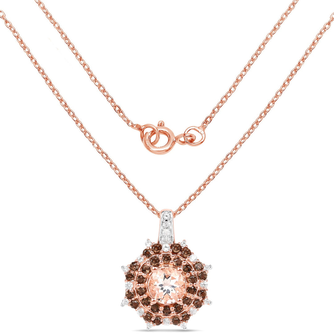 18K Rose Gold Plated 1.61 Carat Genuine Morganite, Smoky Quartz and White Zircon .925 Sterling Silver Pendant