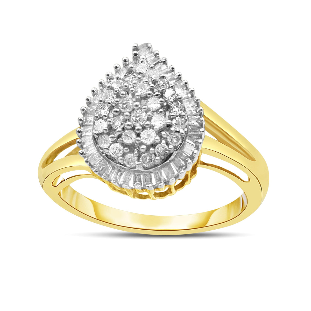 Anillo de pera de oro amarillo de 10 quilates con diamantes redondos y talla baguette de 1/2 quilate (color I-J, claridad I1-I2) - Talla 7