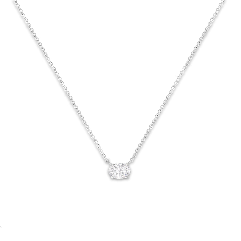 Collar con colgante de 18" de oro blanco de 14k con diamante solitario ovalado cultivado en laboratorio de 1/2 quilate de peso total, orientación este-oeste, certificado por IGI (color E-F, claridad VS1-VS2)