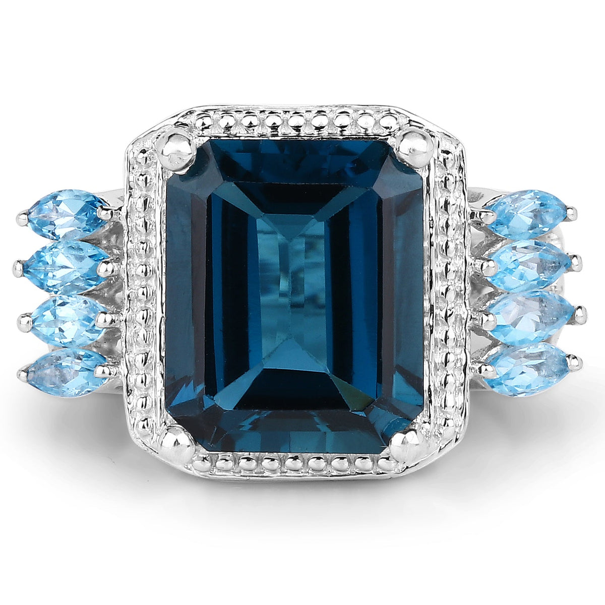 Anillo de Plata de Ley .925 con Topacio Azul Londres y Topacio Azul Suizo Genuinos de 8.17 Quilates