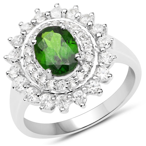 Anillo de plata de ley .925 con diópsido de cromo y circonita blanca genuinos de 2,40 quilates