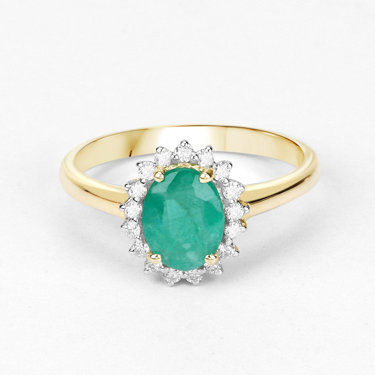 Anillo de oro amarillo de 10 quilates con esmeralda zambiana auténtica de 1,39 quilates y diamantes blancos