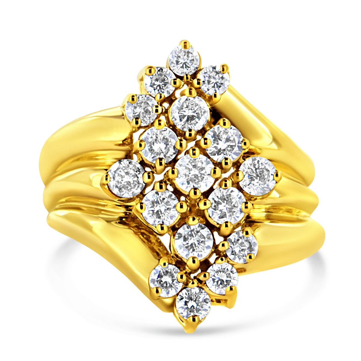 Anillo de cóctel en oro amarillo de 10K con racimo de diamantes de 1 1/2 Cttw y vástago cónico (color I-J, claridad I1-I2) - Talla 7
