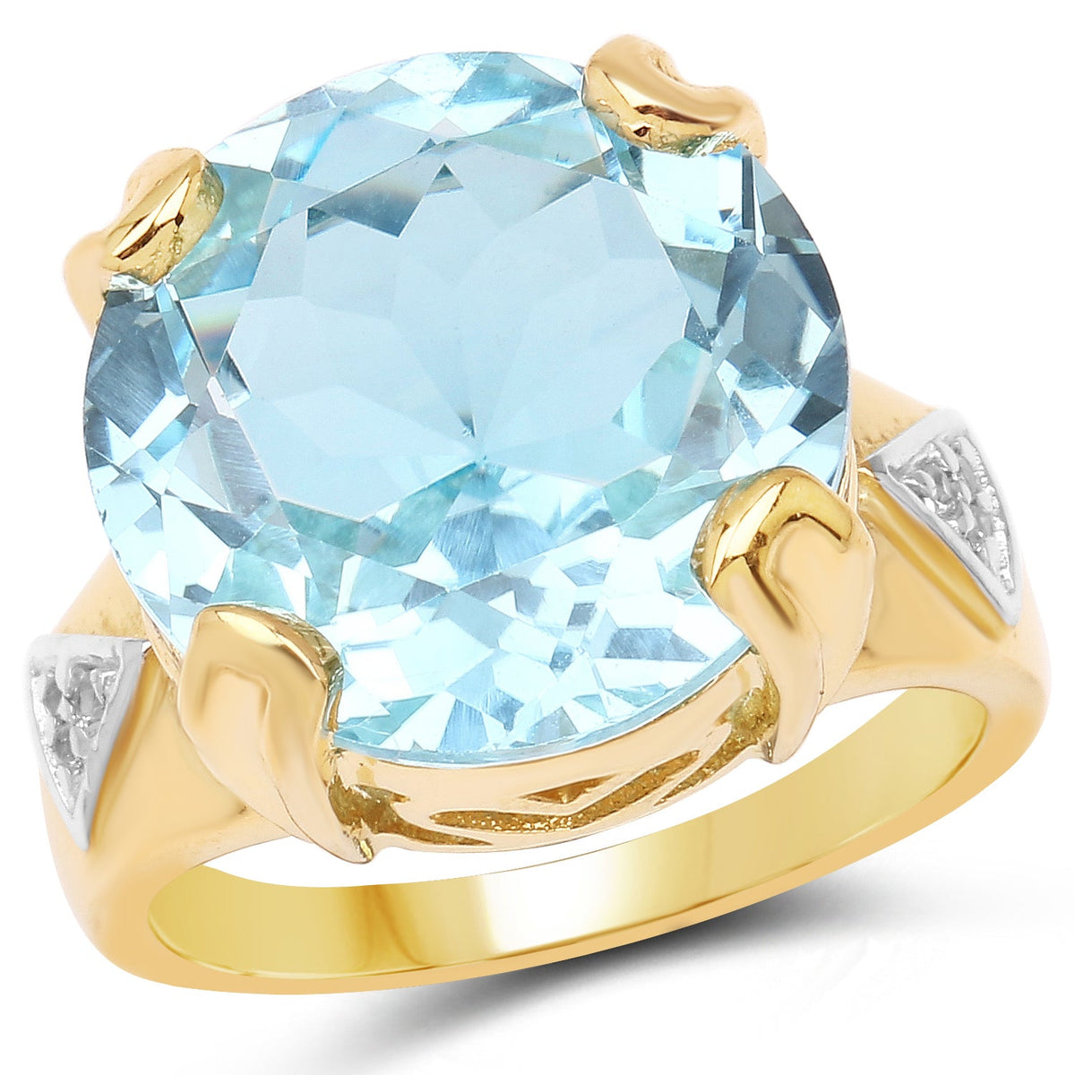 Anillo de plata de ley .925 con topacio azul genuino de 12,98 quilates y topacio blanco, chapado en oro amarillo de 14 quilates