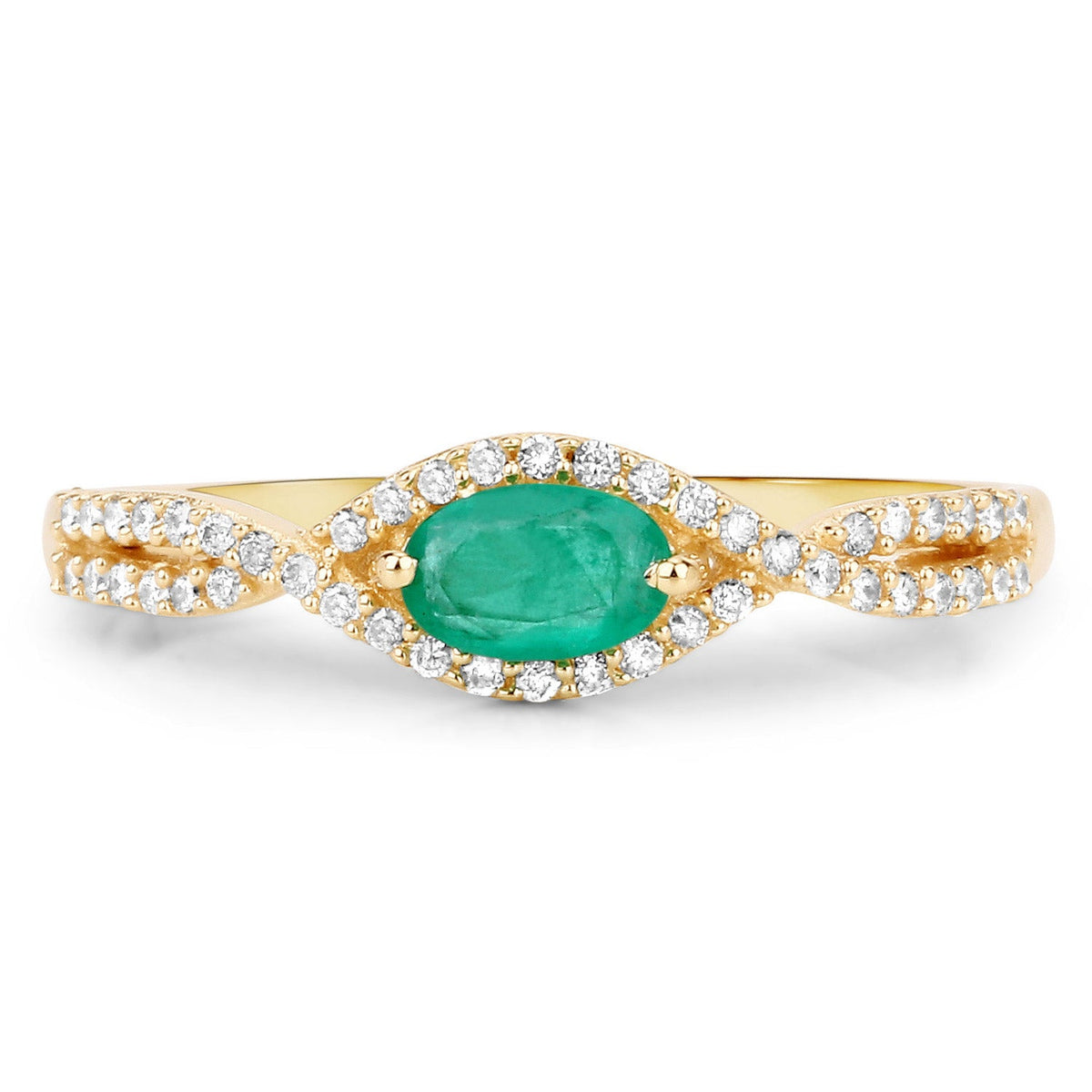 Anillo de oro amarillo de 14 quilates con esmeralda zambiana auténtica de 0,32 quilates y diamante blanco