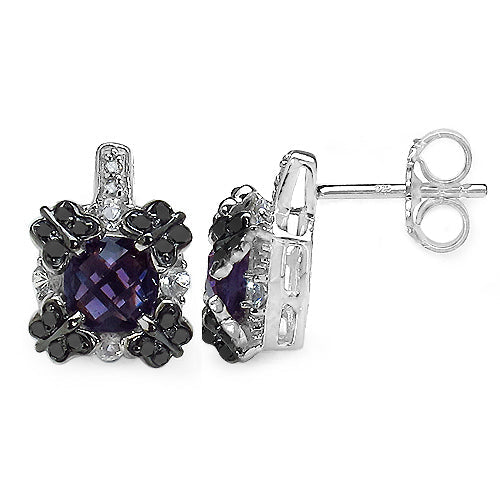 Pendientes de plata de ley .925 con amatista, zafiro blanco y diamante negro auténticos de 2,67 quilates