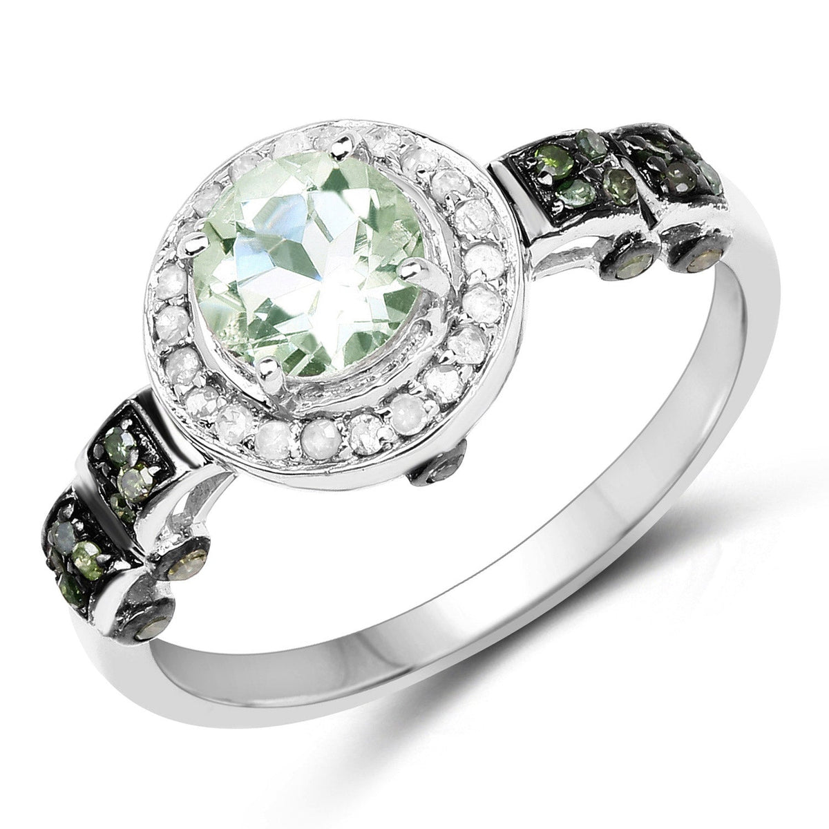 Anillo de plata de ley .925 con amatista verde genuina de 1,07 quilates, diamante verde y diamante blanco