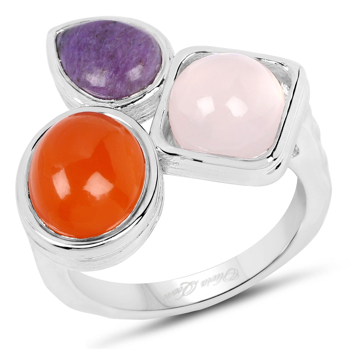 Anillo de plata de ley .925 con cuarzo rosa, cornalina y charoíta genuinos de 5,21 quilates