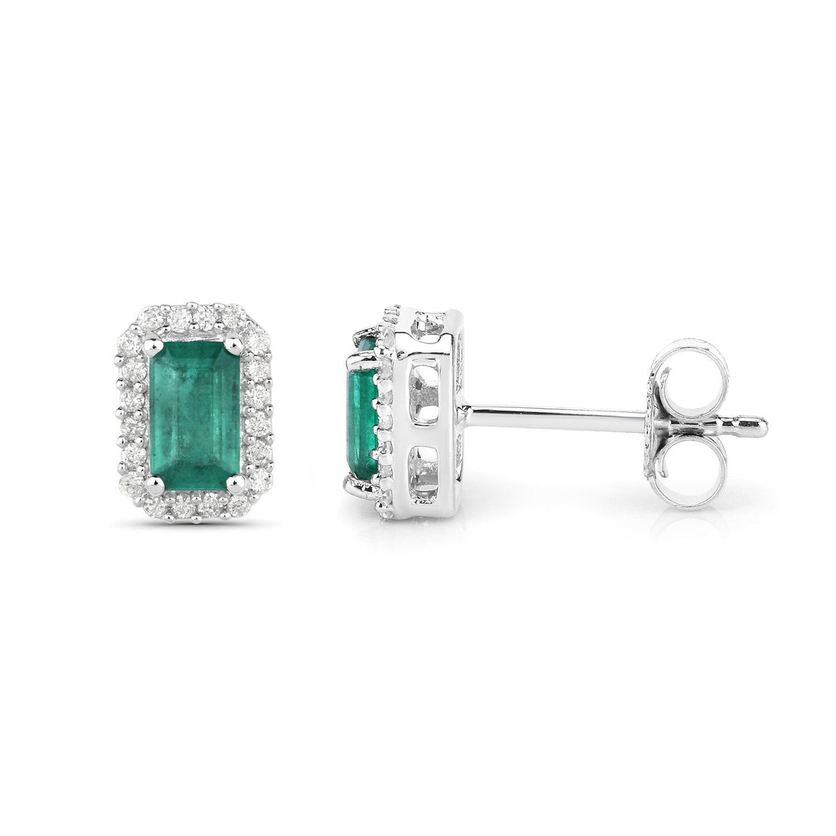 0.91 Carat Genuine Zambian Emerald and White Diamond 14K White Gold Earrings - image 2 of 15