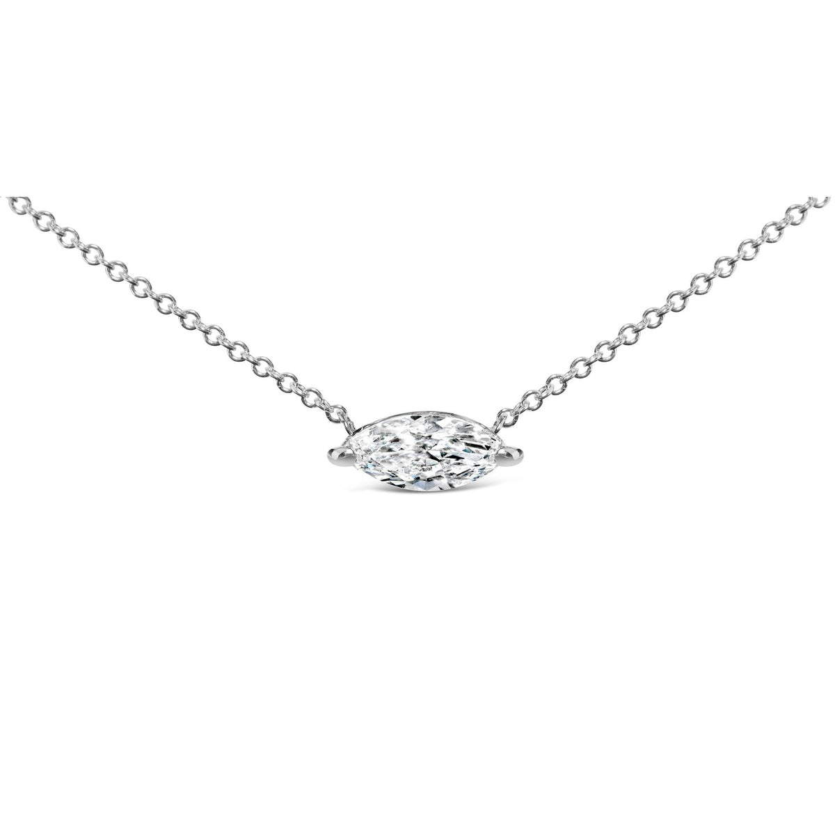 Collar con colgante de oro blanco de 14K con diamante marquise cultivado en laboratorio de 0,50 cts. en orientación este-oeste, solitario de 45,72 cm (color F-G, claridad VS2-SI1)