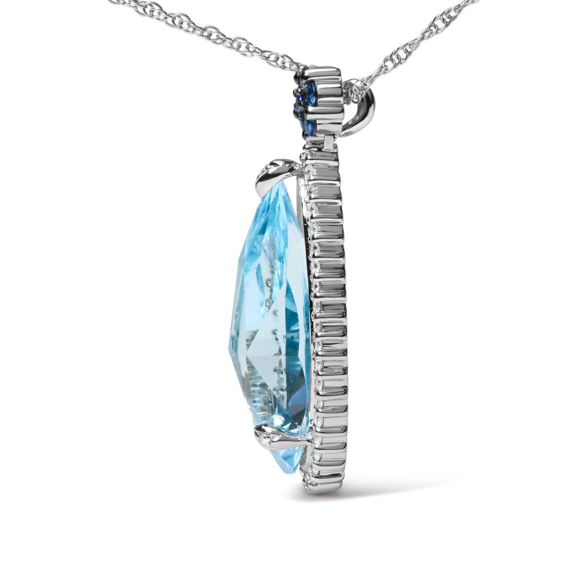 Collar con colgante de oro blanco de 18 K de 0,375 quilates con diamantes engastados en pavé, topacio azul cielo y zafiro azul con forma de lágrima floral de 45,72 cm (color G-H, claridad SI2-I1)