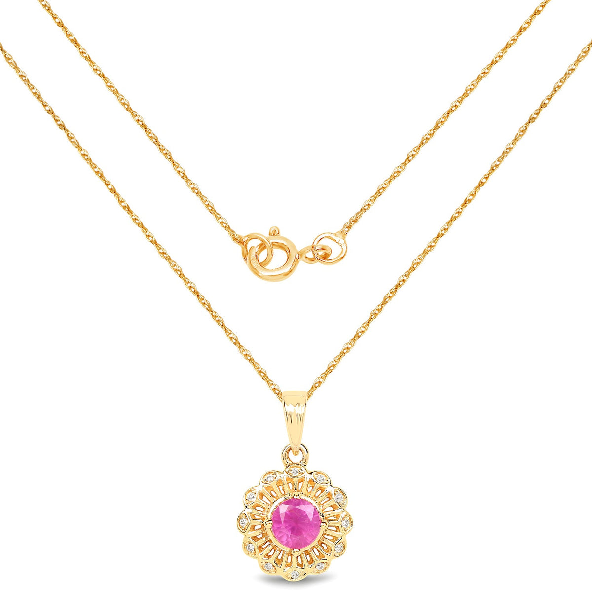 Colgante de oro amarillo de 14 quilates con rubí auténtico de 0,59 quilates y diamante blanco