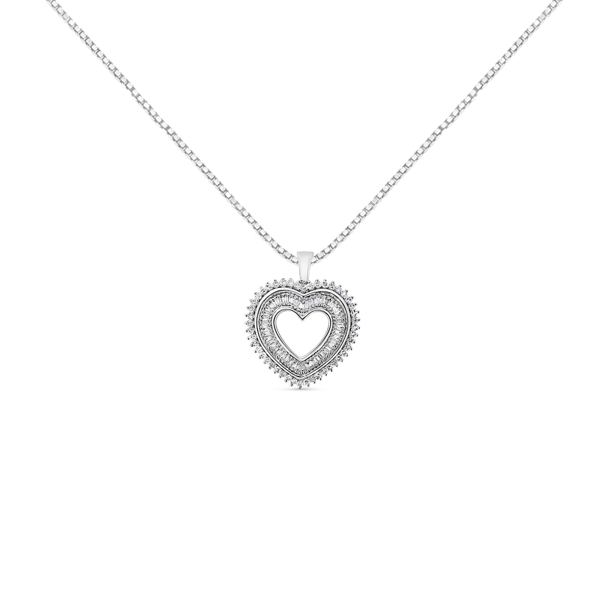 Collar con dije de plata esterlina .925 con diseño de corazón abierto tipo halo de 1,0 quilates de peso total, diamantes (color I-J, claridad I1-I2), 45,7 cm