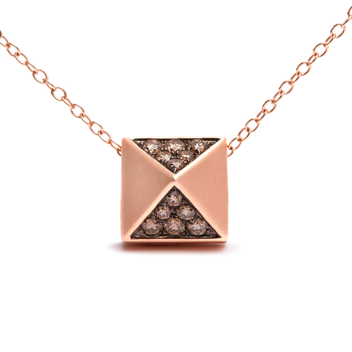 Collar con colgante piramidal con acabado mate de oro rosa de 14 quilates con diamantes marrones de 0,25 quilates (color marrón, claridad SI1-SI2) - 18 pulgadas