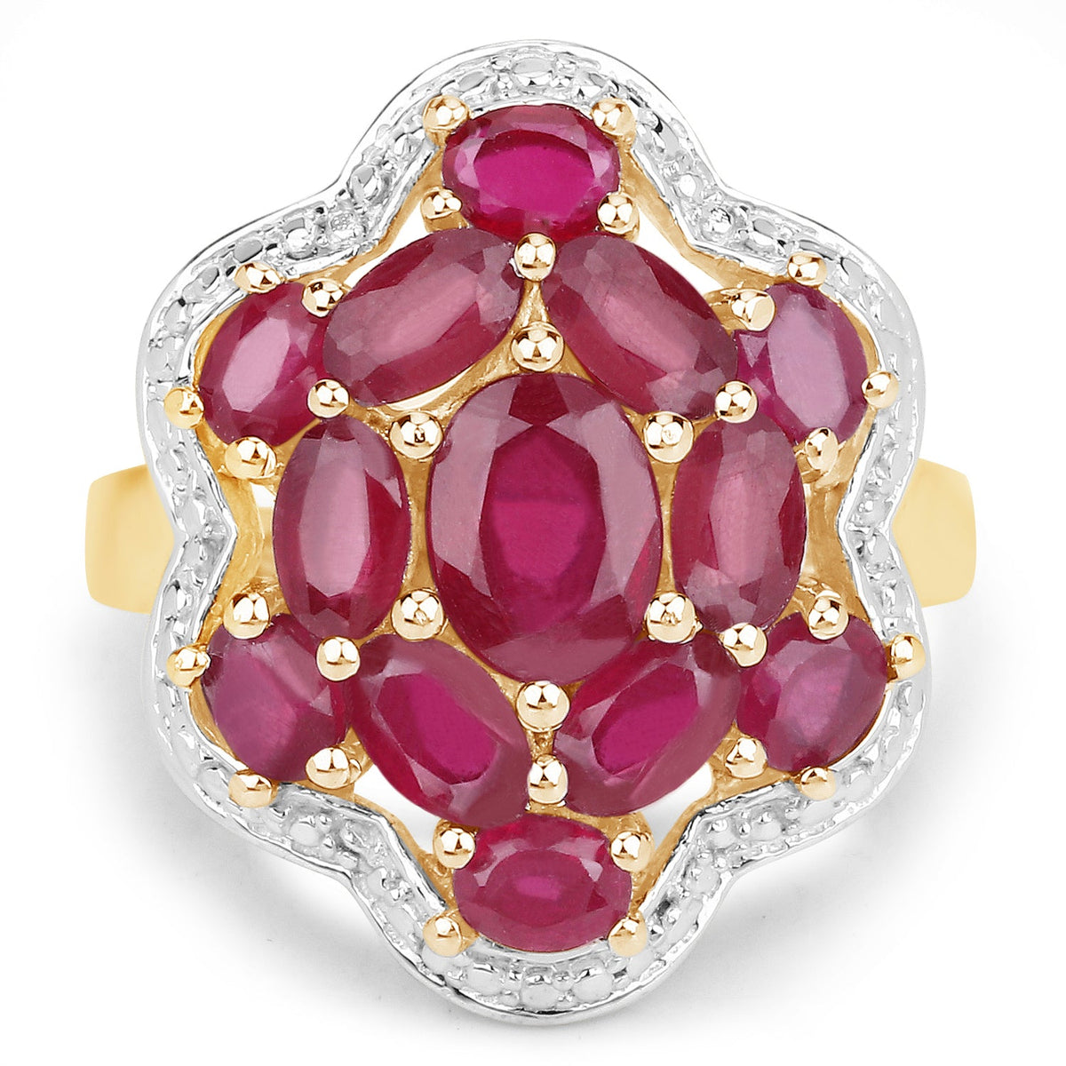 Anillo de plata de ley .925 con rubí genuino de 4.18 quilates relleno de vidrio y chapado en oro amarillo de 14 quilates